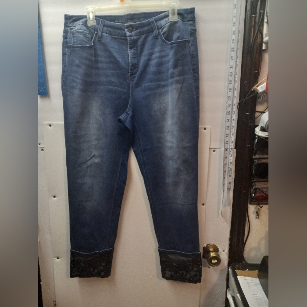 Chico’s The So Slimming Sequin Lace-Cuff Girlfriend Boho-Chic Jeans Denim Pants